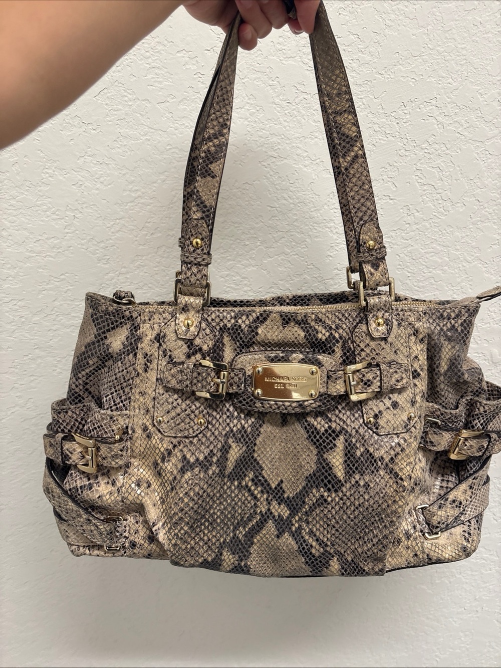 Michael Kors Snake-Print Shoulder Tote in Taupe and Black with Gold Hardware